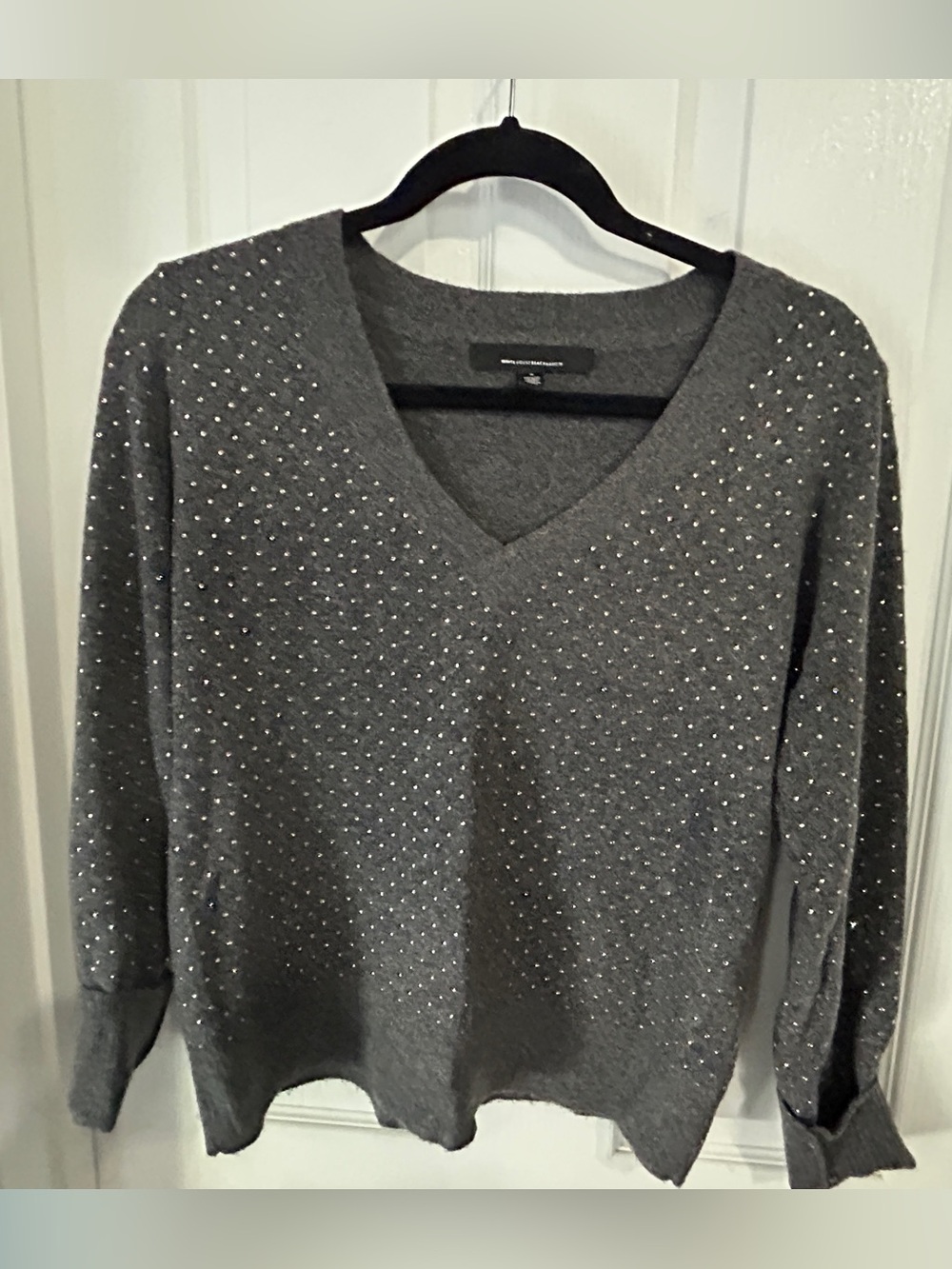 White House Black Market Heather Gray V-Neck Sweater with Rhinestones